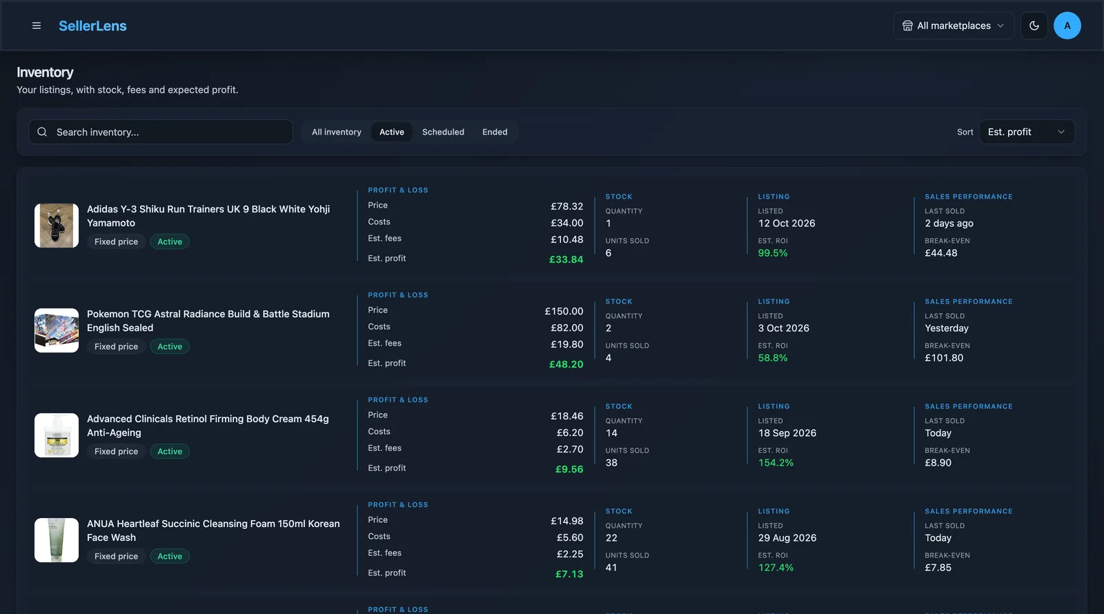 SellerLens inventory analysis showing stock, estimated profit, ROI and ageing.